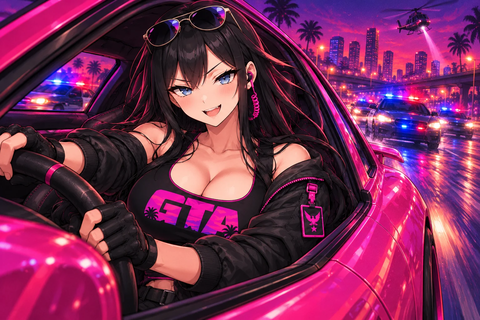Agent driving a pink car during a five-star police chase
