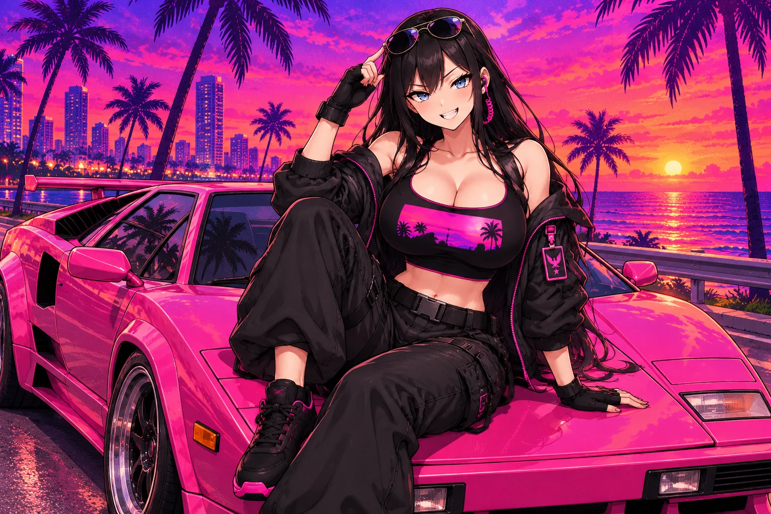 Agent seated on a pink sports car at a Miami sunset
