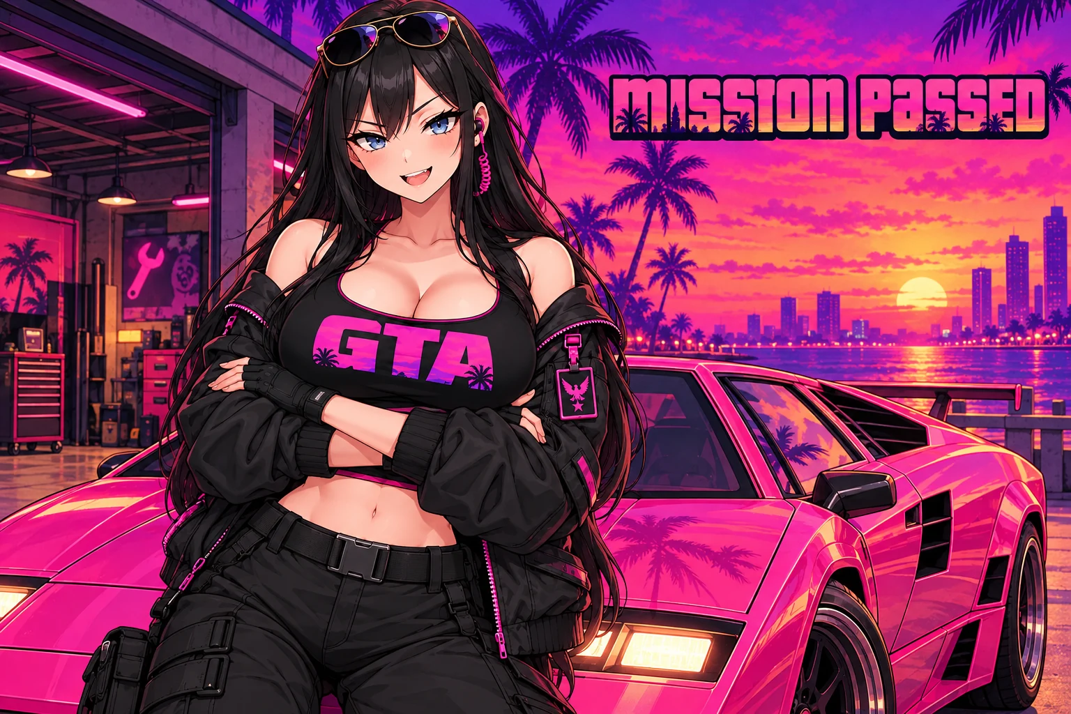 The GTA agent with crossed arms beside a pink sports car